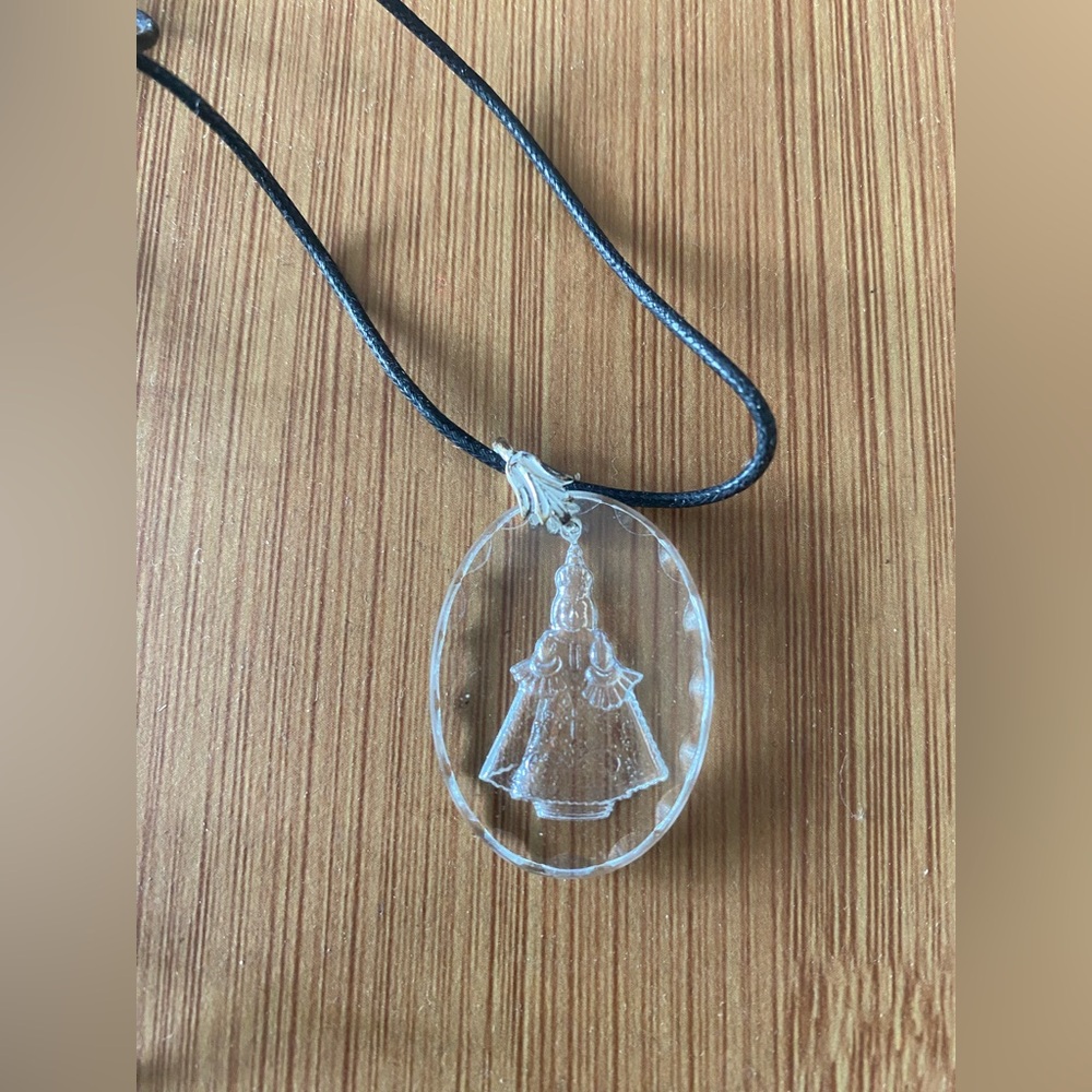 Vintage Infant Jesus of Prague Heavy Glass Pendant on Genuine Leather Cord 3D